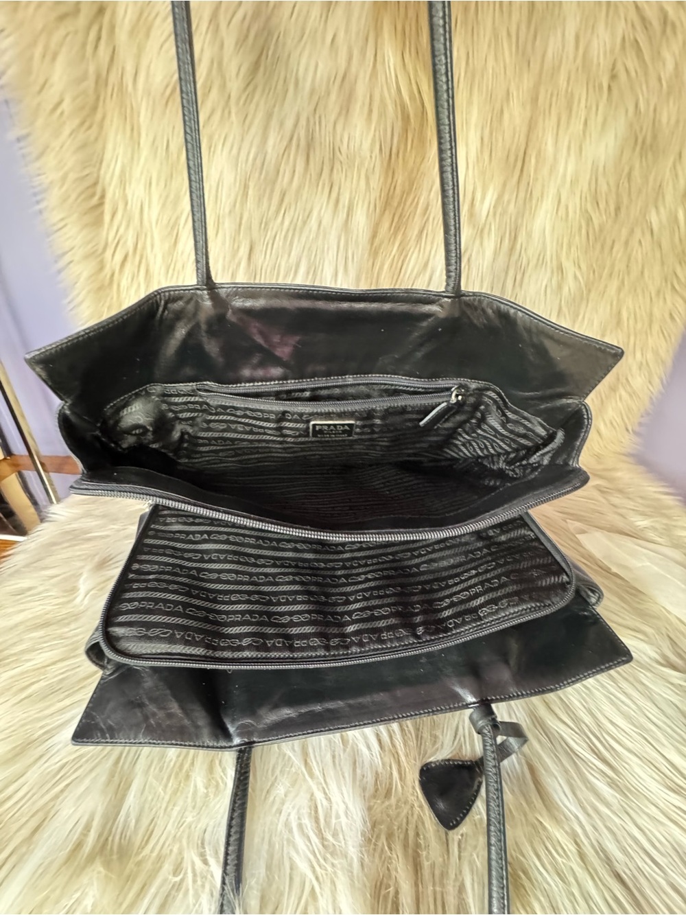 Prada Black Leather Tote with Triangle Logo - Picture 10 of 13
